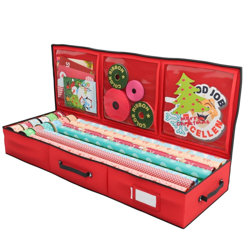 Primode Wrapping Paper Storage Container | Gift Wrap Organizer Under Bed | 41â€x14â€x6â€ | Fits 18-24 Rolls Up to 40â€ | 600D Oxford | Box Holder with Pockets for Ribbon, Bows and Accessories (Red) - Image 1